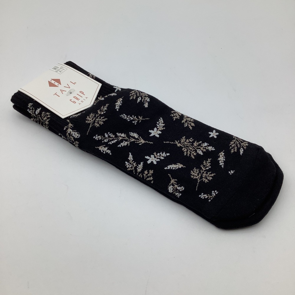 Tavi Aria Grip Socks Ebony Floral Black Crew Yoga Pilates Barre Size Medium NWT